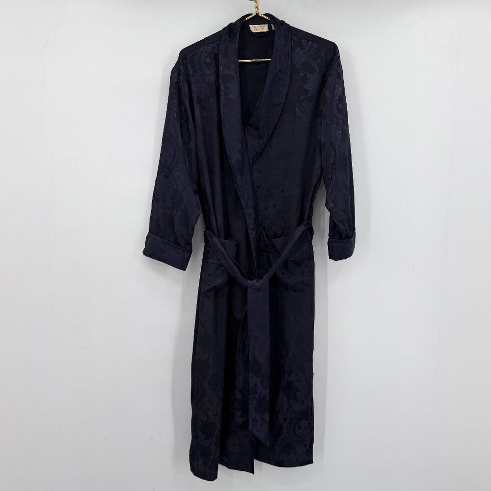 Victoria’s Secret Vtg Gold Label Navy Satin Floral Robe Tie Waist Sleepwear P/S